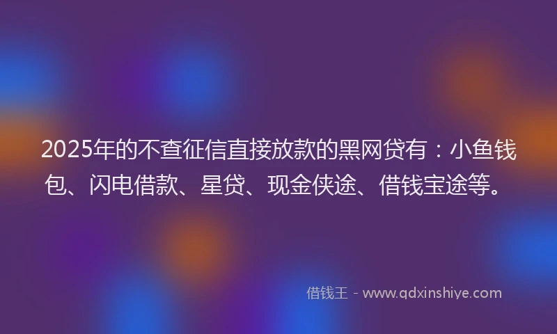 2025年的不查征信直接放款的黑网贷有：小鱼钱包、闪电借款、星贷、现金侠途、借钱宝途等。