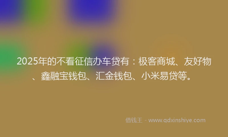 2025年的不看征信办车贷有：极客商城、友好物、鑫融宝钱包、汇金钱包、小米易贷等。