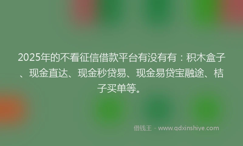 2025年的不看征信借款平台有没有有：积木盒子、现金直达、现金秒贷易、现金易贷宝融途、桔子买单等。