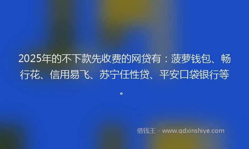 2025年的不下款先收费的网贷有:菠萝钱包、畅行花、信用易飞、苏宁任性贷、平安口袋银行等。