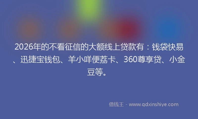 2026年的不看征信的大额线上贷款有：钱袋快易、迅捷宝钱包、羊小咩便荔卡、360尊享贷、小金豆等。