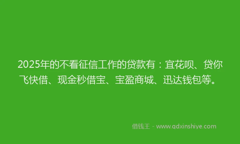 2025年的不看征信工作的贷款有：宜花呗、贷你飞快借、现金秒借宝、宝盈商城、迅达钱包等。
