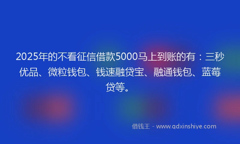 2025年的不看征信借款5000马上到账的有：三秒优品、微粒钱包、钱速融贷宝、融通钱包、蓝莓贷等。