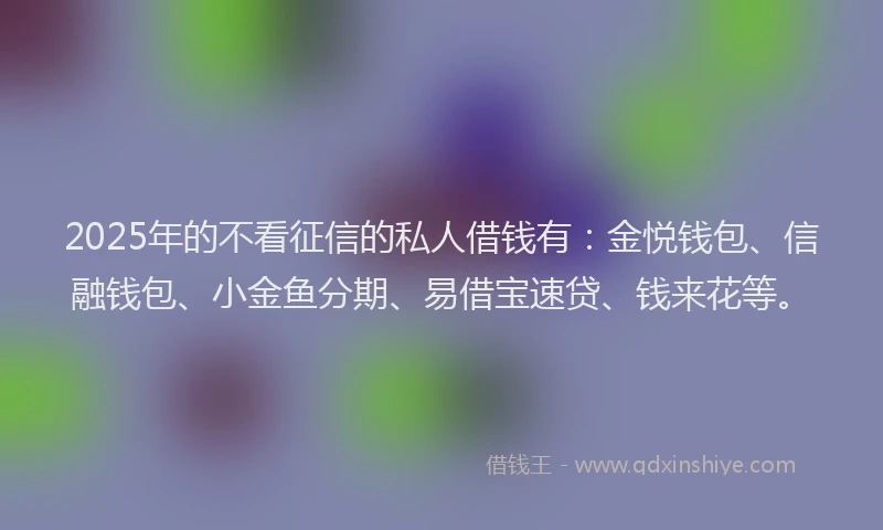 2025年的不看征信的私人借钱有：金悦钱包、信融钱包、小金鱼分期、易借宝速贷、钱来花等。