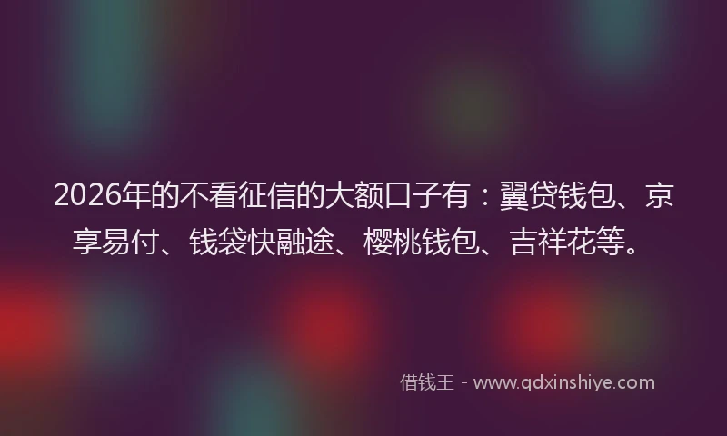 2026年的不看征信的大额口子有：翼贷钱包、京享易付、钱袋快融途、樱桃钱包、吉祥花等。