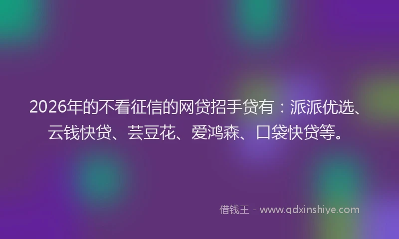 2026年的不看征信的网贷招手贷有：派派优选、云钱快贷、芸豆花、爱鸿森、口袋快贷等。