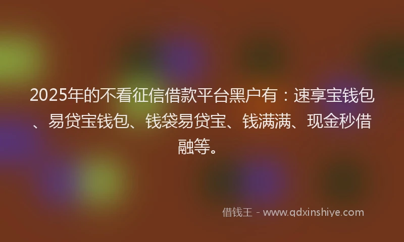 2025年的不看征信借款平台黑户有：速享宝钱包、易贷宝钱包、钱袋易贷宝、钱满满、现金秒借融等。