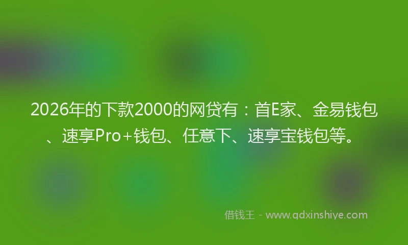 2026年的下款2000的网贷有：首E家、金易钱包、速享Pro+钱包、任意下、速享宝钱包等。
