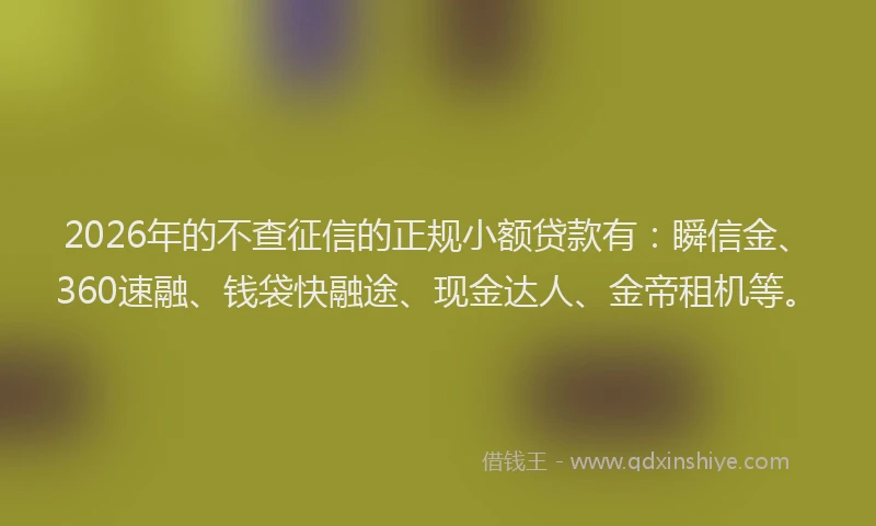 2026年的不查征信的正规小额贷款有：瞬信金、360速融、钱袋快融途、现金达人、金帝租机等。