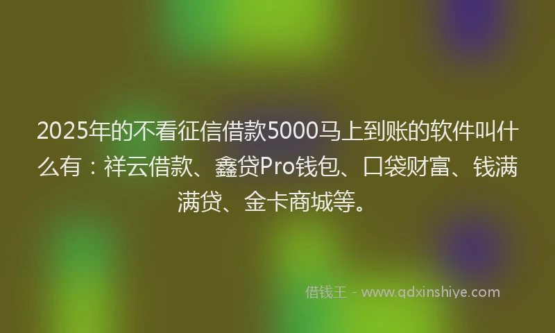 2025年的不看征信借款5000马上到账的软件叫什么有：祥云借款、鑫贷Pro钱包、口袋财富、钱满满贷、金卡商城等。