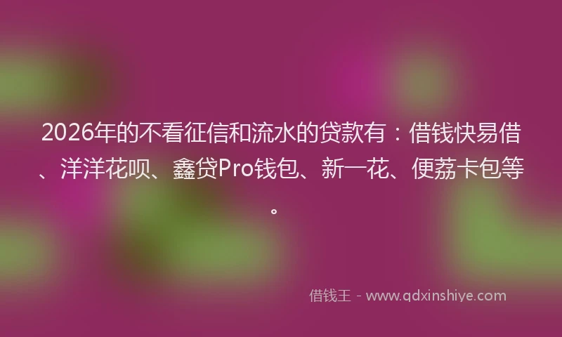 2026年的不看征信和流水的贷款有：借钱快易借、洋洋花呗、鑫贷Pro钱包、新一花、便荔卡包等。