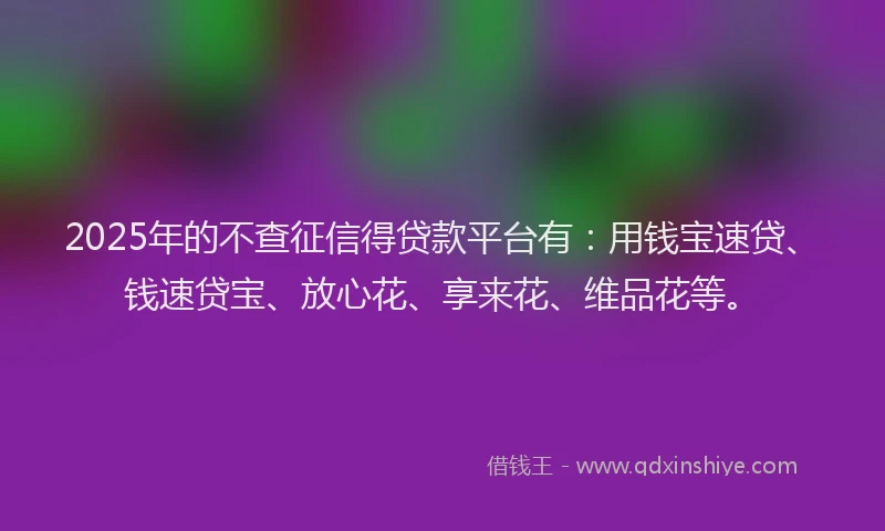 2025年的不查征信得贷款平台有：用钱宝速贷、钱速贷宝、放心花、享来花、维品花等。