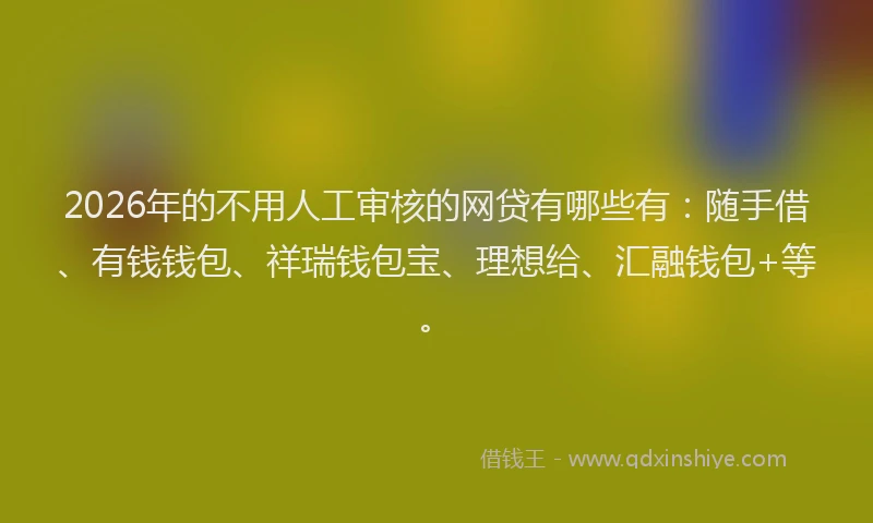 2026年的不用人工审核的网贷有哪些有：随手借、有钱钱包、祥瑞钱包宝、理想给、汇融钱包+等。