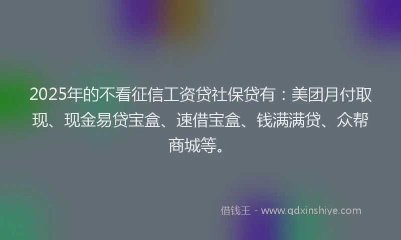 2025年的不看征信工资贷社保贷有：美团月付取现、现金易贷宝盒、速借宝盒、钱满满贷、众帮商城等。