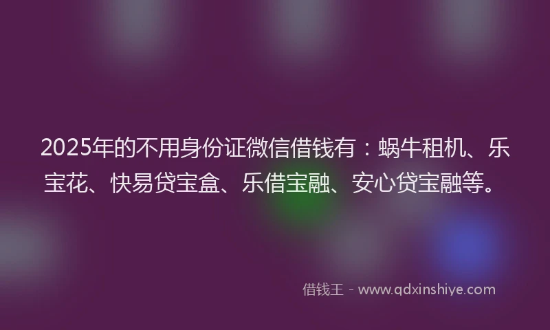 2025年的不用身份证微信借钱有：蜗牛租机、乐宝花、快易贷宝盒、乐借宝融、安心贷宝融等。