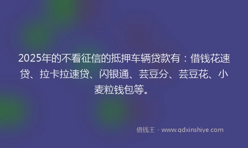 2025年的不看征信的抵押车辆贷款有：借钱花速贷、拉卡拉速贷、闪银通、芸豆分、芸豆花、小麦粒钱包等。