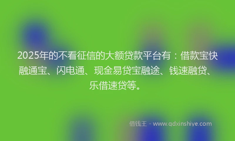 2025年的不看征信的大额贷款平台有：借款宝快融通宝、闪电通、现金易贷宝融途、钱速融贷、乐借速贷等。