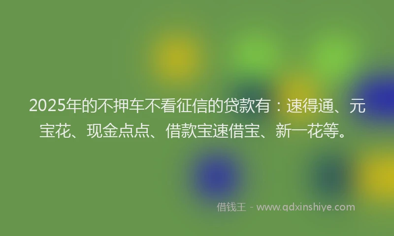 2025年的不押车不看征信的贷款有：速得通、元宝花、现金点点、借款宝速借宝、新一花等。