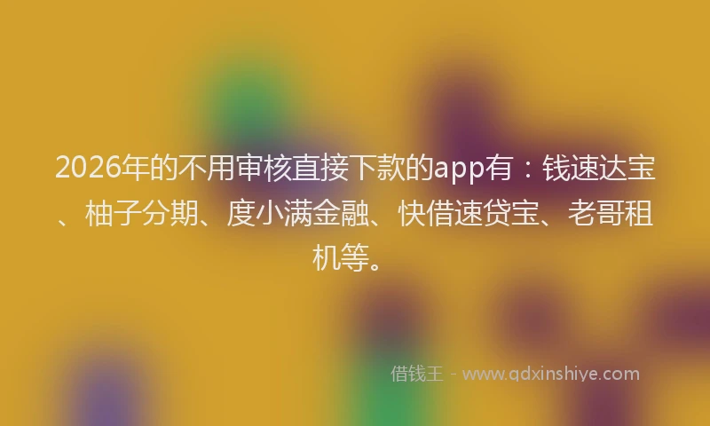 2026年的不用审核直接下款的app有：钱速达宝、柚子分期、度小满金融、快借速贷宝、老哥租机等。