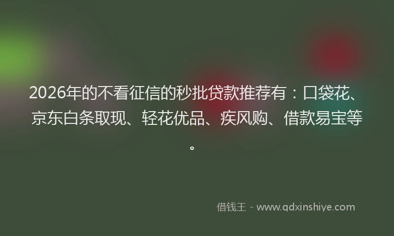 2026年的不看征信的秒批贷款推荐有：口袋花、京东白条取现、轻花优品、疾风购、借款易宝等。