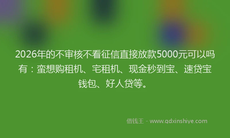 2026年的不审核不看征信直接放款5000元可以吗有：蛮想购租机、宅租机、现金秒到宝、速贷宝钱包、好人贷等。