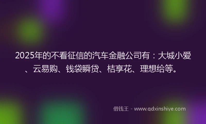 2025年的不看征信的汽车金融公司有:大城小爱、云易购、钱袋瞬贷、桔享花、理想给等。