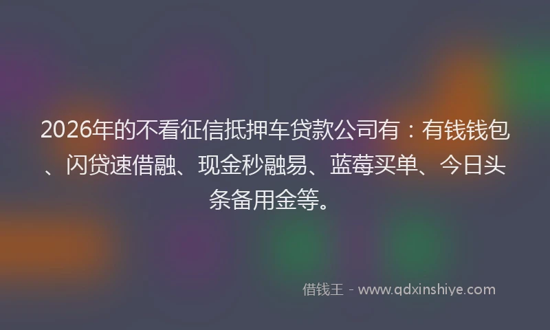 2026年的不看征信抵押车贷款公司有：有钱钱包、闪贷速借融、现金秒融易、蓝莓买单、今日头条备用金等。