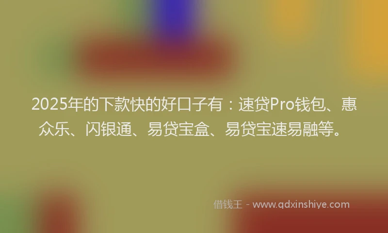 2025年的下款快的好口子有：速贷Pro钱包、惠众乐、闪银通、易贷宝盒、易贷宝速易融等。