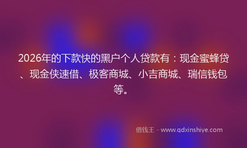 2026年的下款快的黑户个人贷款有：现金蜜蜂贷、现金侠速借、极客商城、小吉商城、瑞信钱包等。