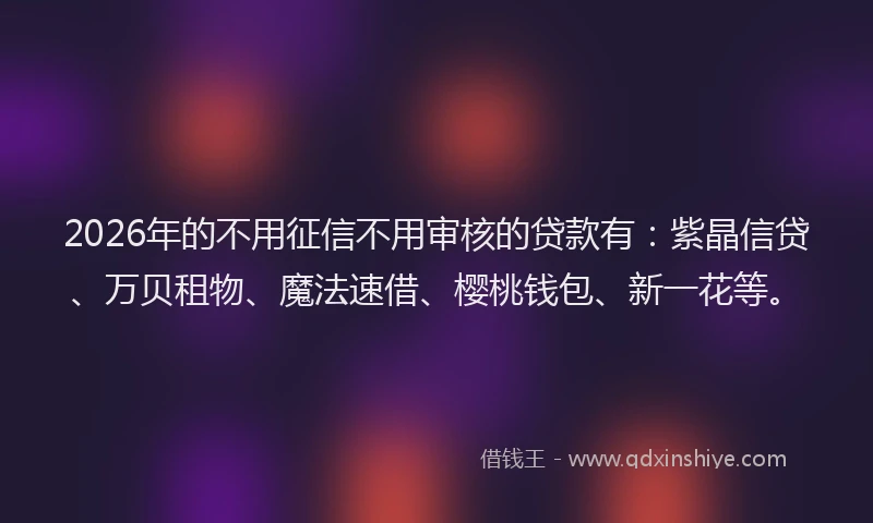 2026年的不用征信不用审核的贷款有：紫晶信贷、万贝租物、魔法速借、樱桃钱包、新一花等。
