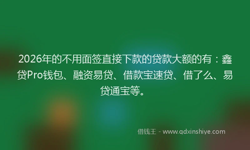 2026年的不用面签直接下款的贷款大额的有：鑫贷Pro钱包、融资易贷、借款宝速贷、借了么、易贷通宝等。