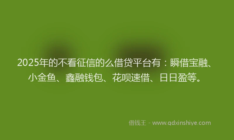 2025年的不看征信的么借贷平台有：瞬借宝融、小金鱼、鑫融钱包、花呗速借、日日盈等。