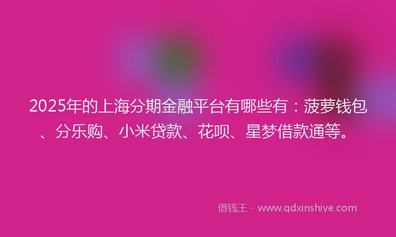 2025年的上海分期金融平台有哪些有：菠萝钱包、分乐购、小米贷款、花呗、星梦借款通等。