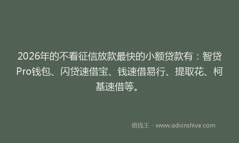 2026年的不看征信放款最快的小额贷款有：智贷Pro钱包、闪贷速借宝、钱速借易行、提取花、柯基速借等。