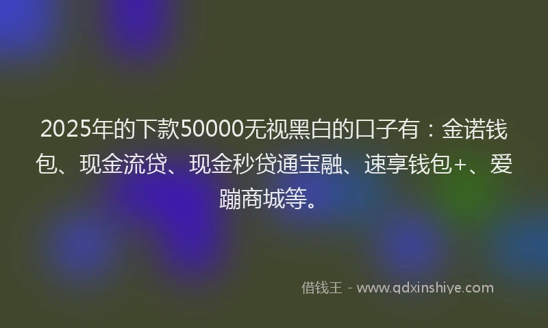 2025年的下款50000无视黑白的口子有：金诺钱包、现金流贷、现金秒贷通宝融、速享钱包+、爱蹦商城等。