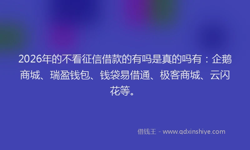 2026年的不看征信借款的有吗是真的吗有:企鹅商城、瑞盈钱包、钱袋易借通、极客商城、云闪花等。