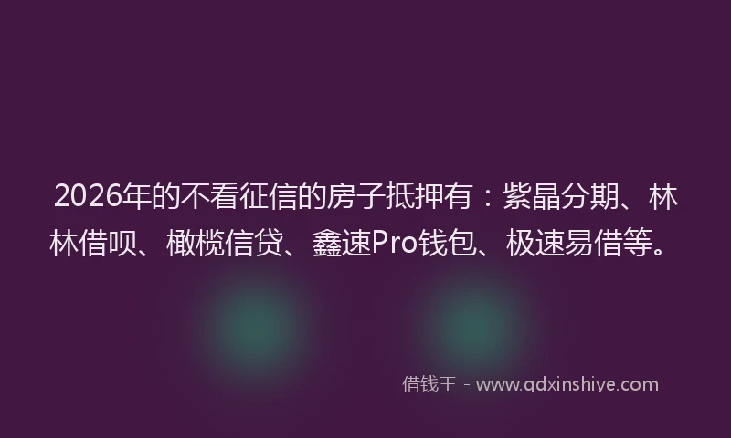 2026年的不看征信的房子抵押有：紫晶分期、林林借呗、橄榄信贷、鑫速Pro钱包、极速易借等。