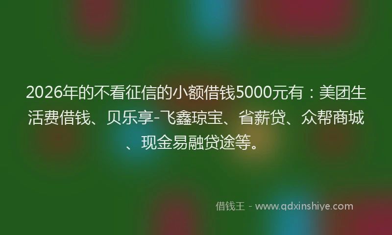 2026年的不看征信的小额借钱5000元有：美团生活费借钱、贝乐享-飞鑫琼宝、省薪贷、众帮商城、现金易融贷途等。