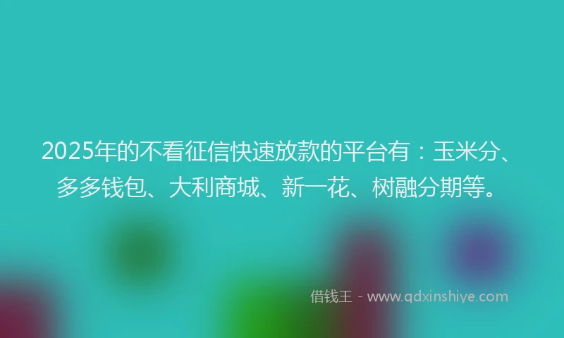 2025年的不看征信快速放款的平台有：玉米分、多多钱包、大利商城、新一花、树融分期等。