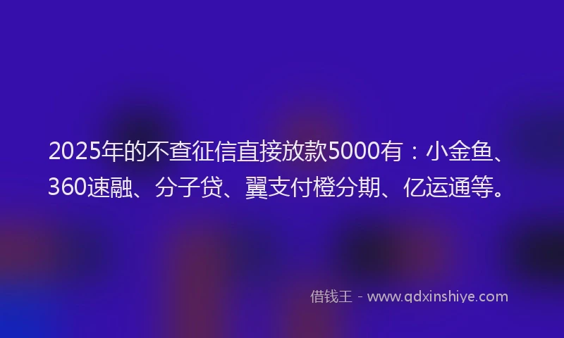 2025年的不查征信直接放款5000有：小金鱼、360速融、分子贷、翼支付橙分期、亿运通等。