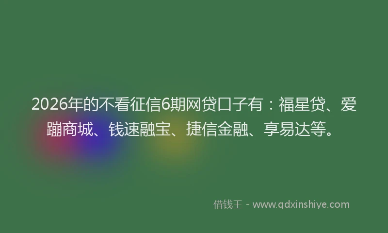 2026年的不看征信6期网贷口子有：福星贷、爱蹦商城、钱速融宝、捷信金融、享易达等。