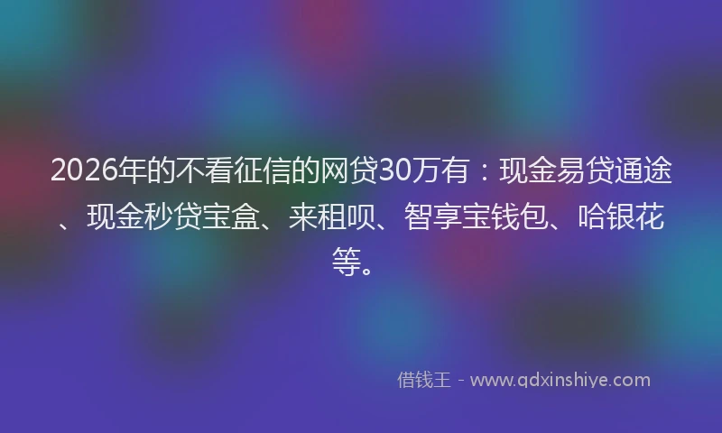 2026年的不看征信的网贷30万有:现金易贷通途、现金秒贷宝盒、来租呗、智享宝钱包、哈银花等。