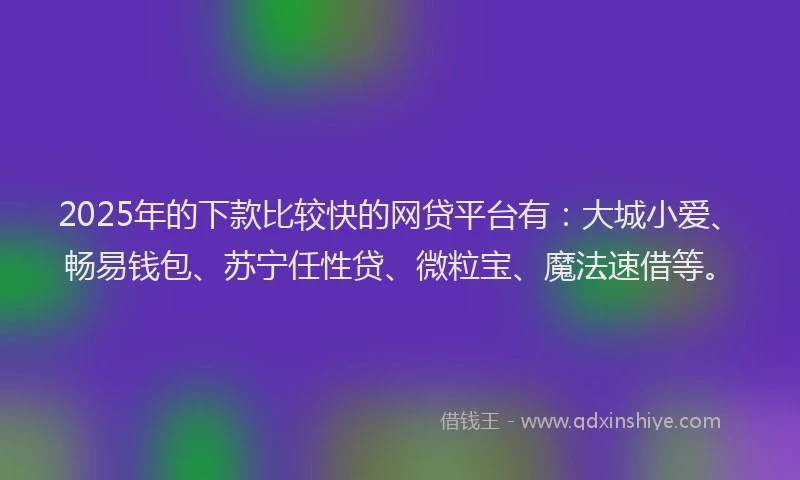 2025年的下款比较快的网贷平台有：大城小爱、畅易钱包、苏宁任性贷、微粒宝、魔法速借等。