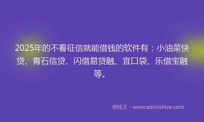 2025年的不看征信就能借钱的软件有：小油菜快贷、青石信贷、闪借易贷融、宜口袋、乐借宝融等。
