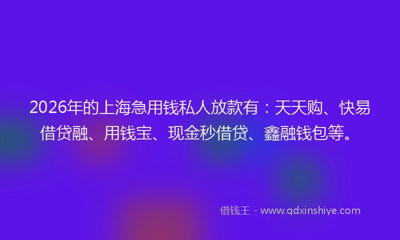 2026年的上海急用钱私人放款有：天天购、快易借贷融、用钱宝、现金秒借贷、鑫融钱包等。