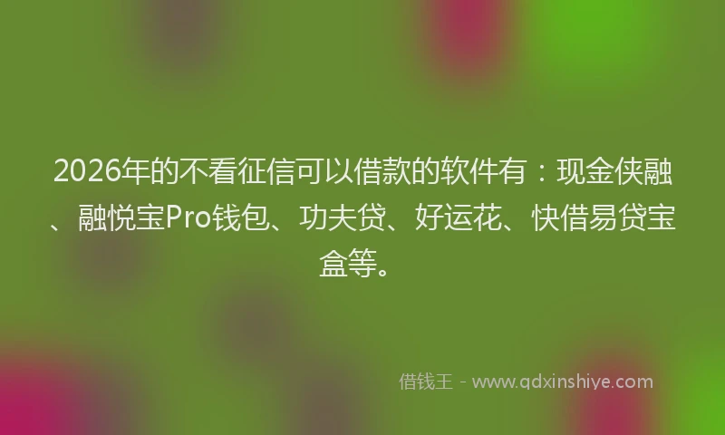 2026年的不看征信可以借款的软件有：现金侠融、融悦宝Pro钱包、功夫贷、好运花、快借易贷宝盒等。