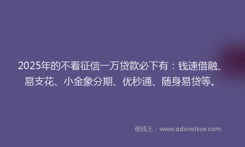 2025年的不看征信一万贷款必下有：钱速借融、易支花、小金象分期、优秒通、随身易贷等。
