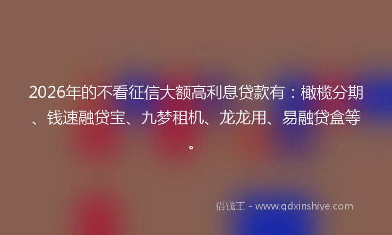 2026年的不看征信大额高利息贷款有:橄榄分期、钱速融贷宝、九梦租机、龙龙用、易融贷盒等。