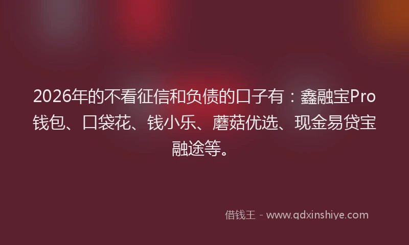 2026年的不看征信和负债的口子有：鑫融宝Pro钱包、口袋花、钱小乐、蘑菇优选、现金易贷宝融途等。