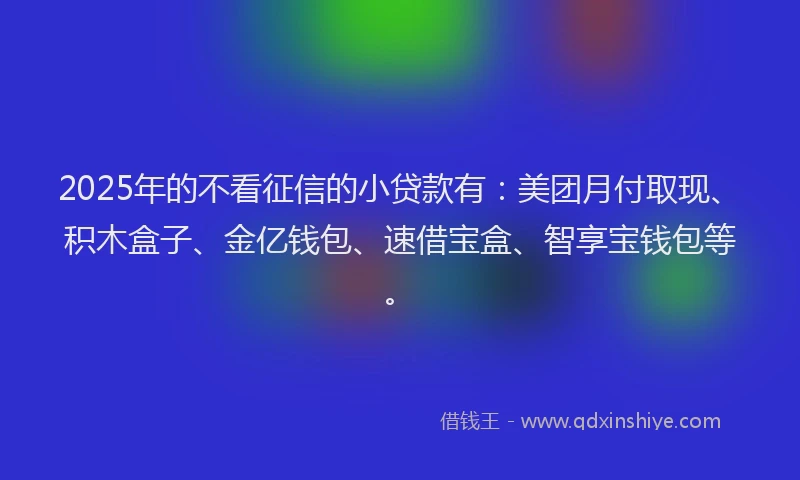 2025年的不看征信的小贷款有：美团月付取现、积木盒子、金亿钱包、速借宝盒、智享宝钱包等。